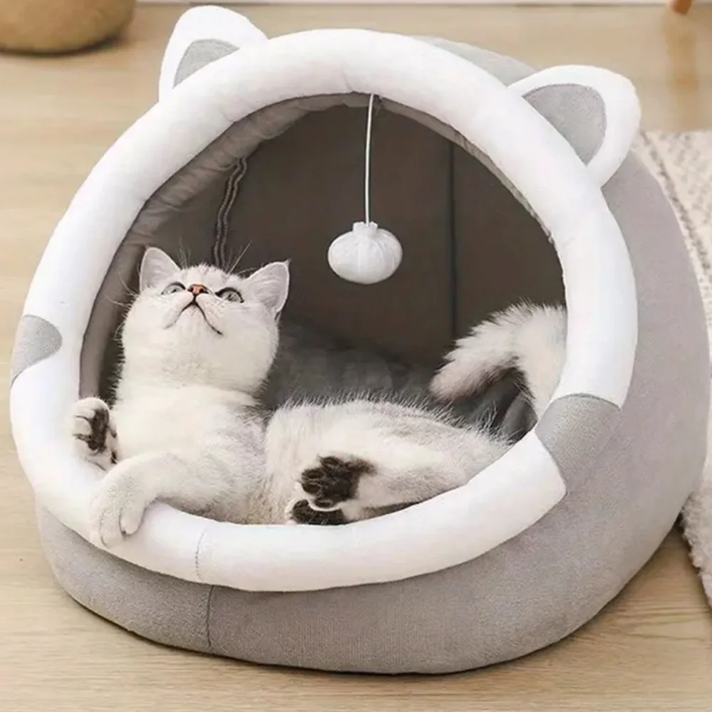 Pet Bed Cat Cave, Dog House with Ball Toy Winter Pet Igloo, Animal House Large‎